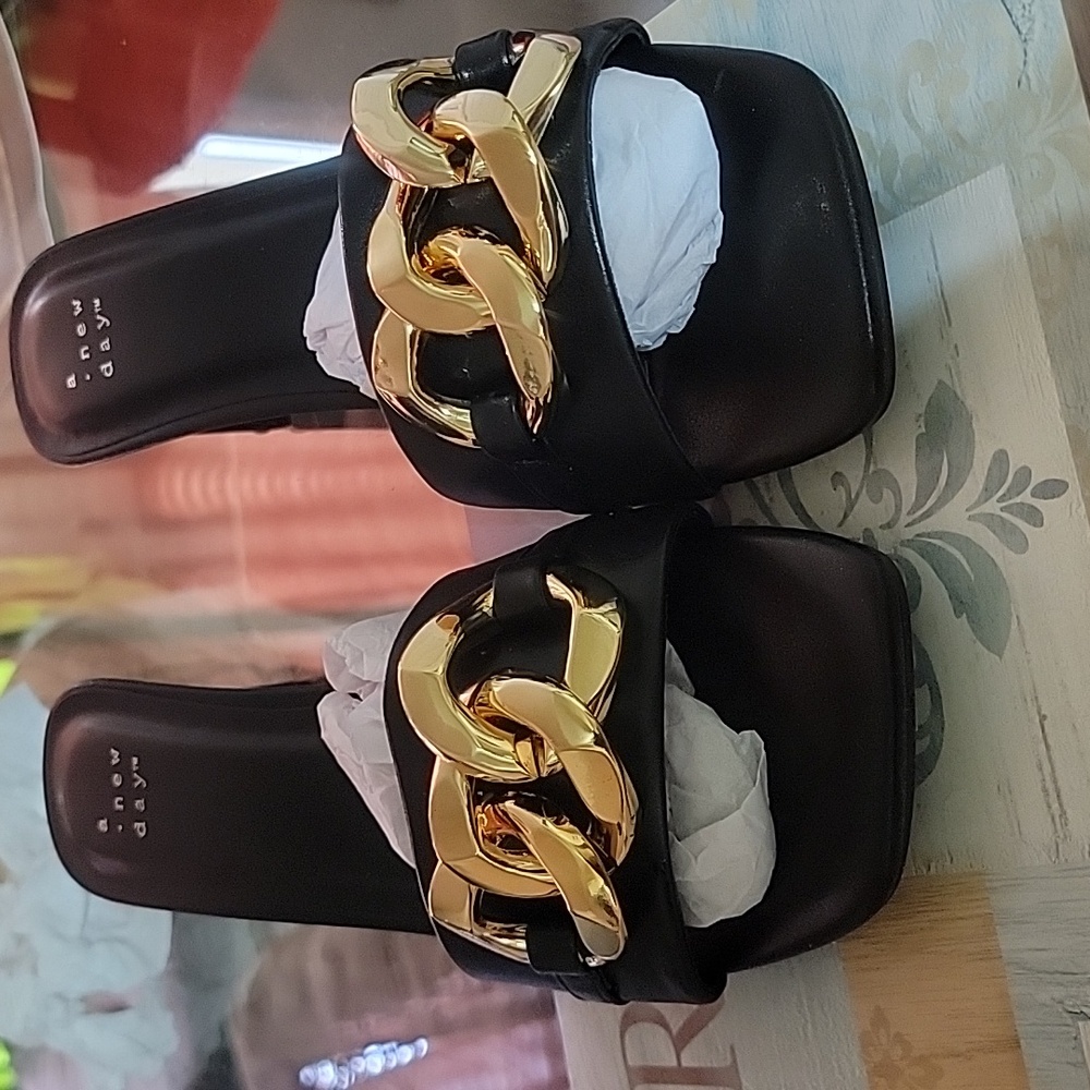Black square low heel gold ensemble on top of shoe